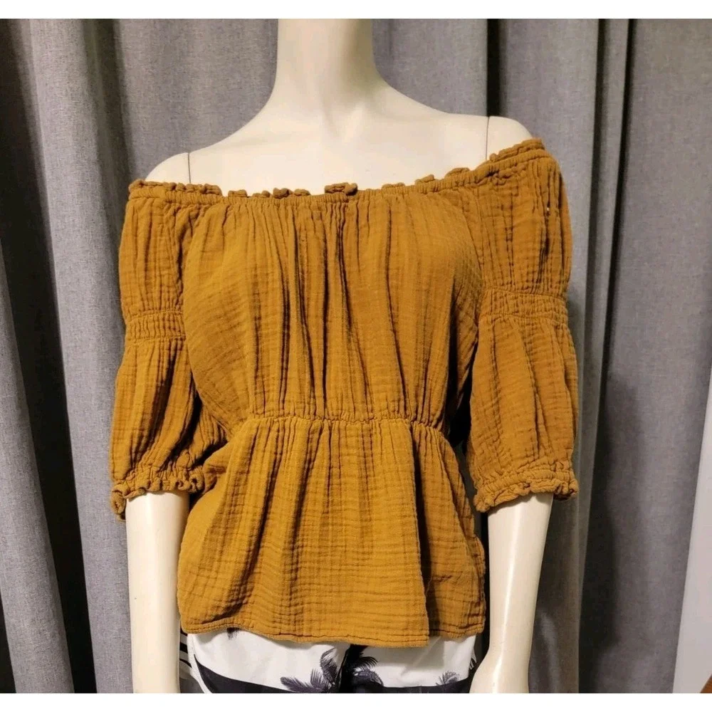 Puff Sleeve Caramel Brown Shirred Cotton Babydoll‎ Blouse SZ M Milkmaid Old Navy